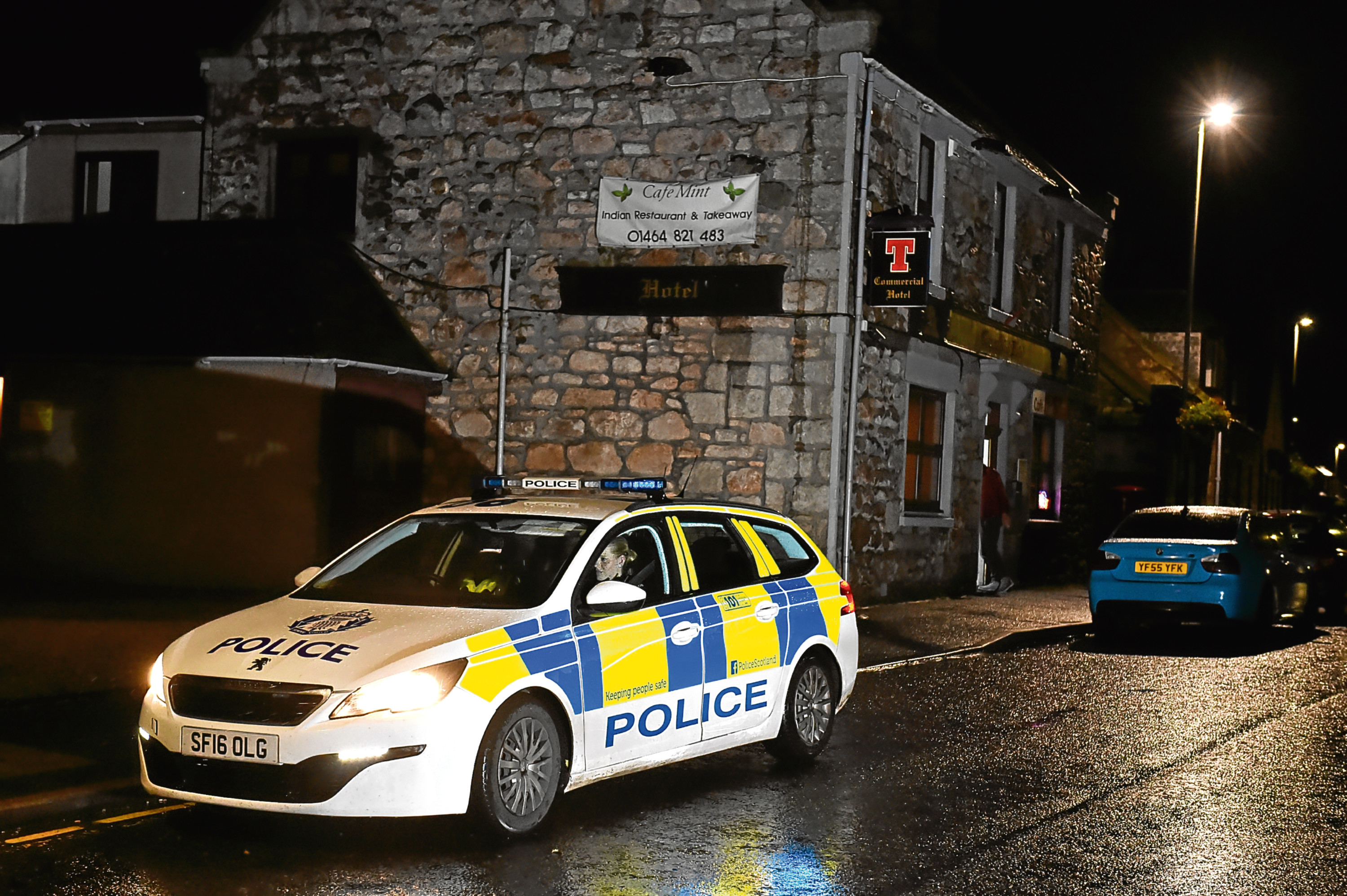 Police Scotland at the scene an incident outside Commercial Hotel, Insch. Picture by Kenny Elrick.