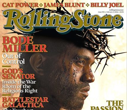 The photo from Rolling Stone magazine shows outspoken rapper Kanye West, with a crown of thorns atop his head, as Jesus Christ on the cover of the upcoming issue of Rolling Stone.(AP Photo/Rolling Stone)