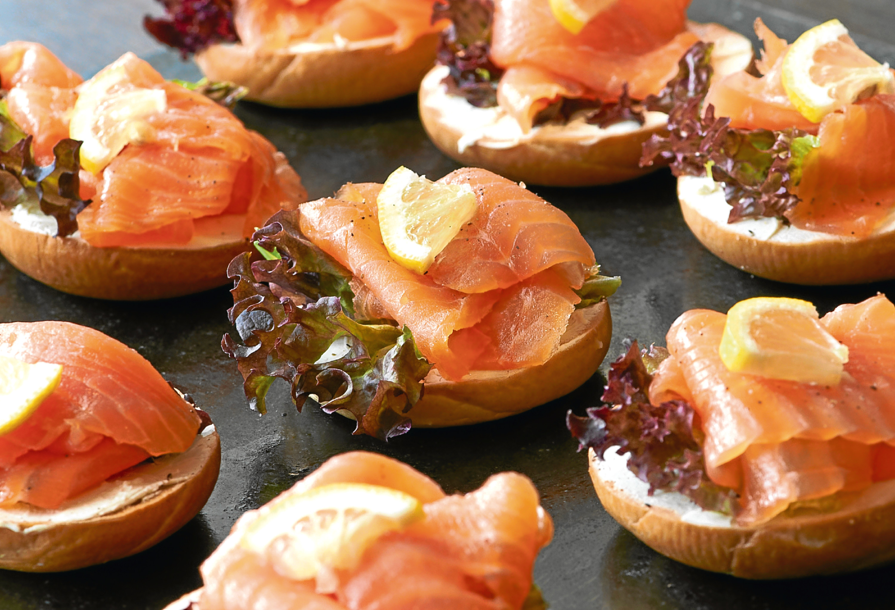 2 x product shots (smoked salmon salad wrapped in a bamboo cone, gourmet smoked salmon bagel and smoked salmon canaps).