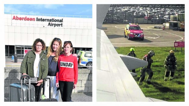 Passengers, L-R Lorna Rosie, Heather Forgie and Judith Birkhead and a picture of the fire crews arriving in Edinburgh.