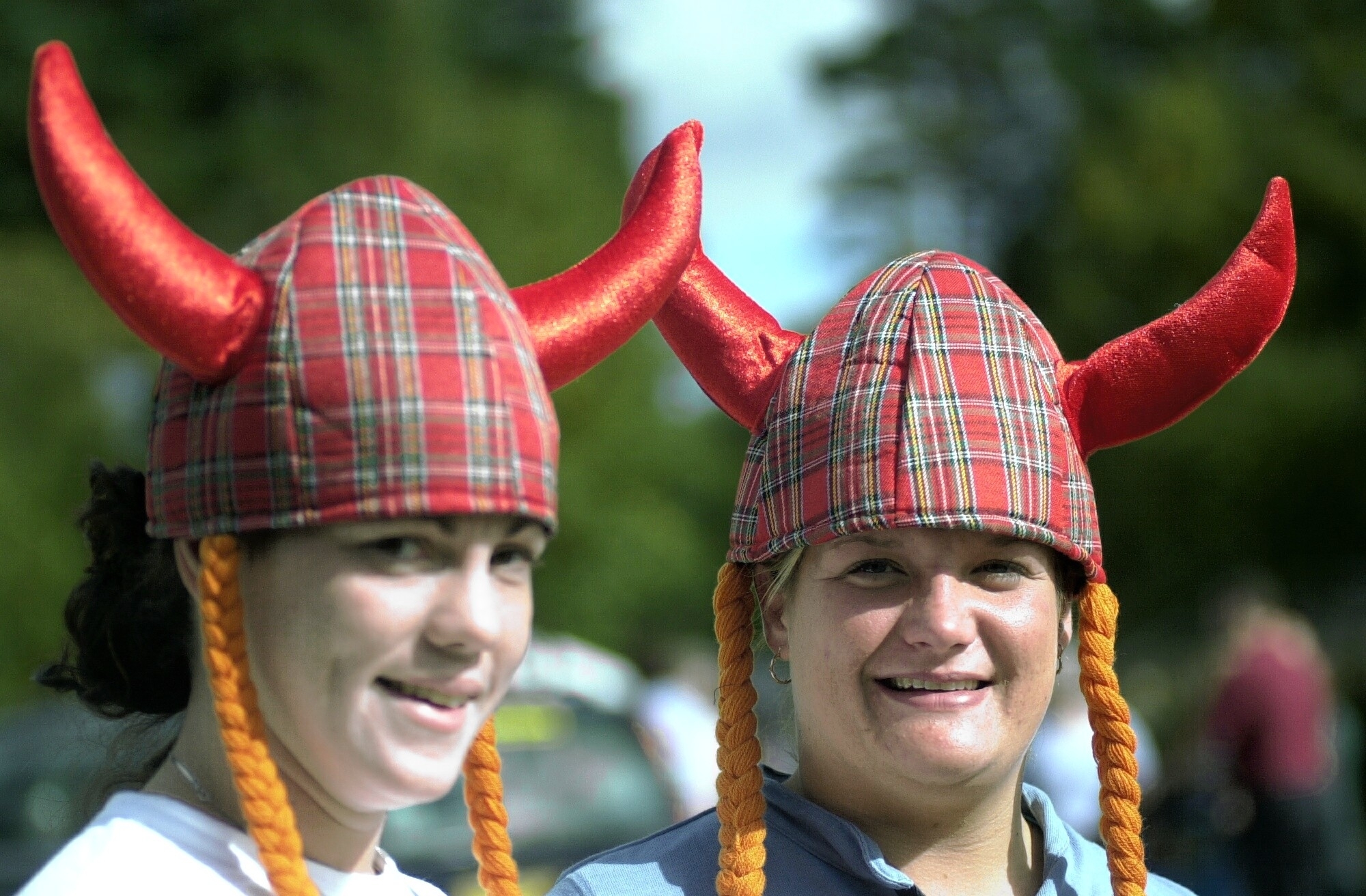 Louise Brisley and Vicky Walton from Salisbury with their Viking hats in 2003.