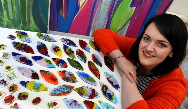 Artist in residence, Shelagh Swanson putting together designs for a wall at the Winter Gardens, Duthie Park, Aberdeen. Picture by Jim Irvine