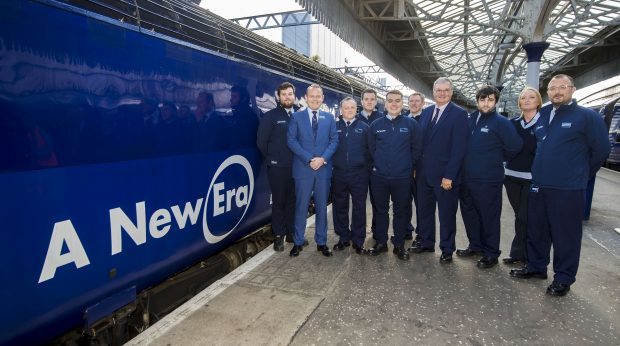 (Left - Right) Jordan Jack, Scotrail MD Alex Hynes, Jimmy Wilson, Derek Penman, Chris Carr, Keith Ingram, Kris Kirk, Bill Reeve, Director of Rail Transport Scotland Jenny Scott, and Gavin Tasker