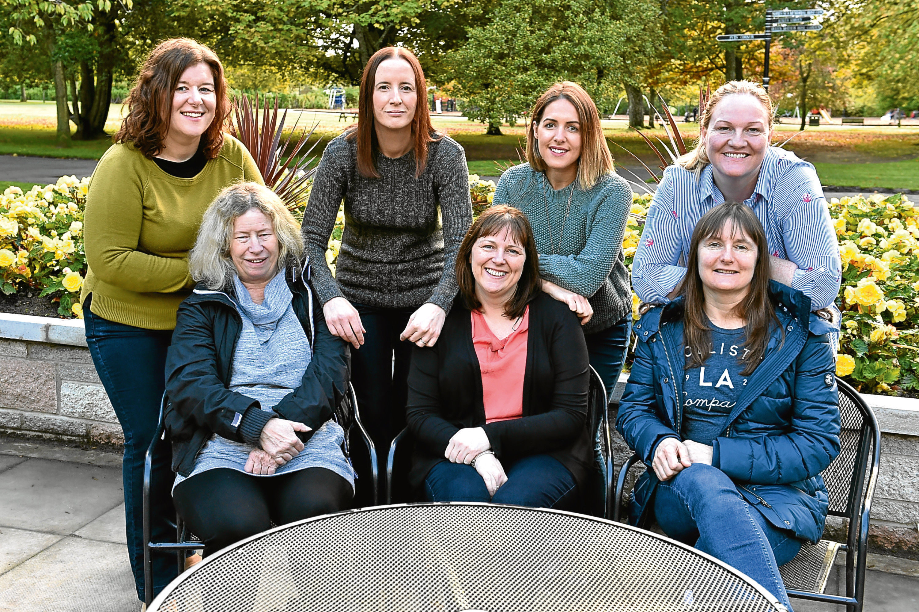 Meeting up at Hazlehead park are (front, from left) Fiona Donald, Sandra Stephen,  Susan Forsyth (back, from left)  Jennifer Yeomans, Jess Cran, Leanne Watt and Catherine Stewart. Picture by Colin Rennie.