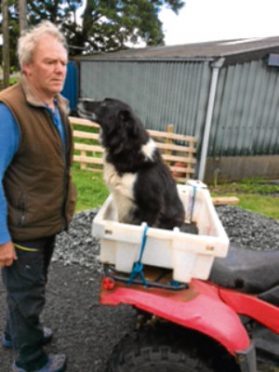 Donald 'D.A' MacPhee with his collie Nell sitting on a quad bike