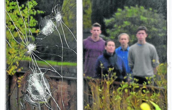 Vandalism at the Aberdeen Green School, Drumoak.     
Pictured - Pupils with Head Teacher (HT) L-R Jan Fassbender, HT Diane Elliott, Elias Stammeijer and Nathan Elliott.    
Picture by Kami Thomson