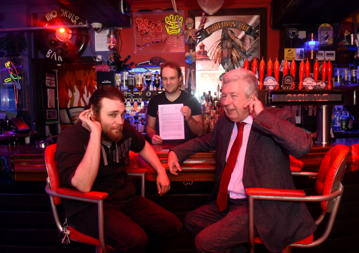 Pictured are from left, Jamie Peter (Black Cat CIC), Craig Adams and Lewis Macdonald MSP, at the live music venue Krakatoa, Trinity Quay, Aberdeen.