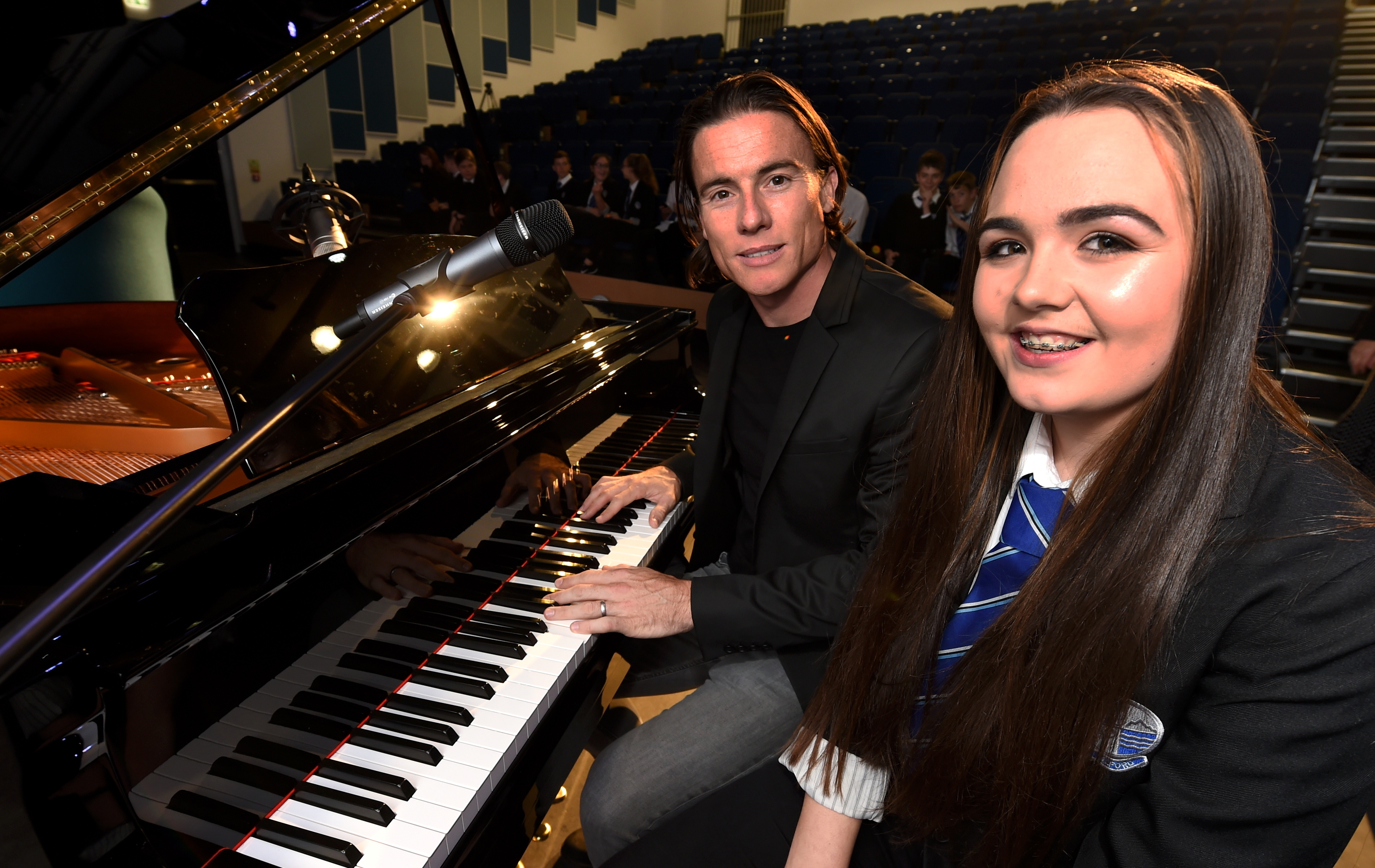Superbike champion and musician, James Toseland visits Alford Academy, organised by pupil Madeleine Lenthall. In the picture  Madeleine interviews James at the piano. 
Picture by Jim Irvine