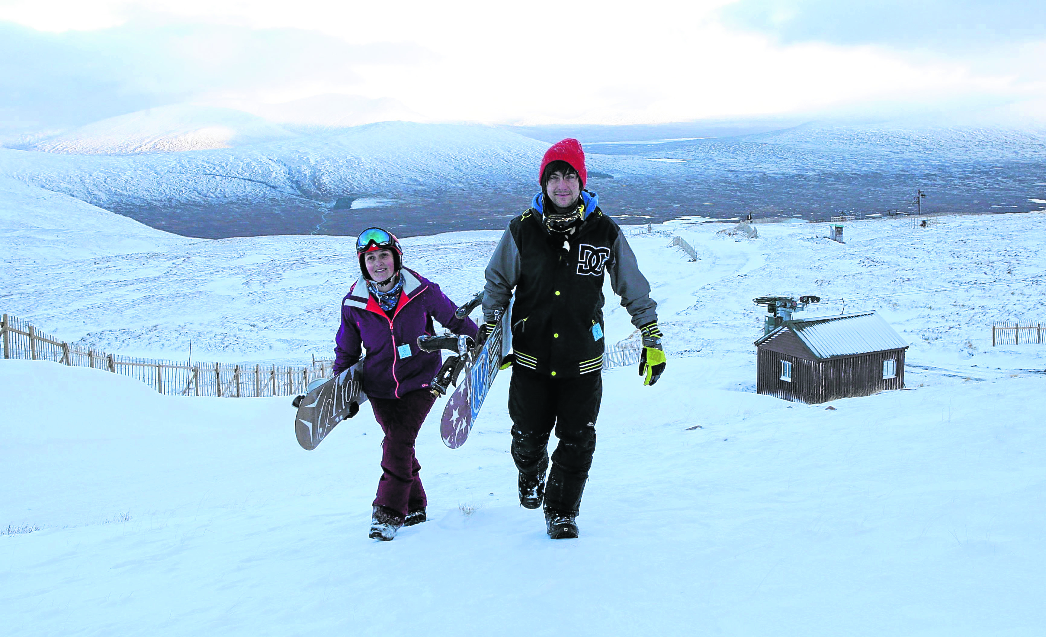 L- R Debbie Rooke and David Crammond who were among the first people to snow board at Glencoe mountain resort this winter.