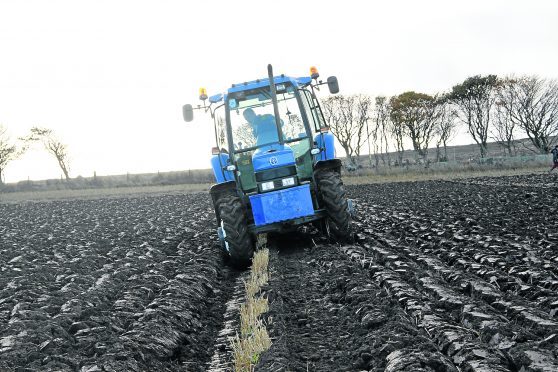 Gavin Robertson, Barrock driving a New Holland 7740 tractor with a 2 furrow reversible Keverneland  plough on his way to scooping the Champion of the field at the annual North and West Caithness Ploughing Association match held at Stanstill Farm Bower.