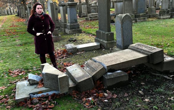 Councillor Catriona Mackenzie at Allenvale Cemetray where around 18 headstones have been toppled over and another 7 have been damaged.    
Picture by Kami Thomson