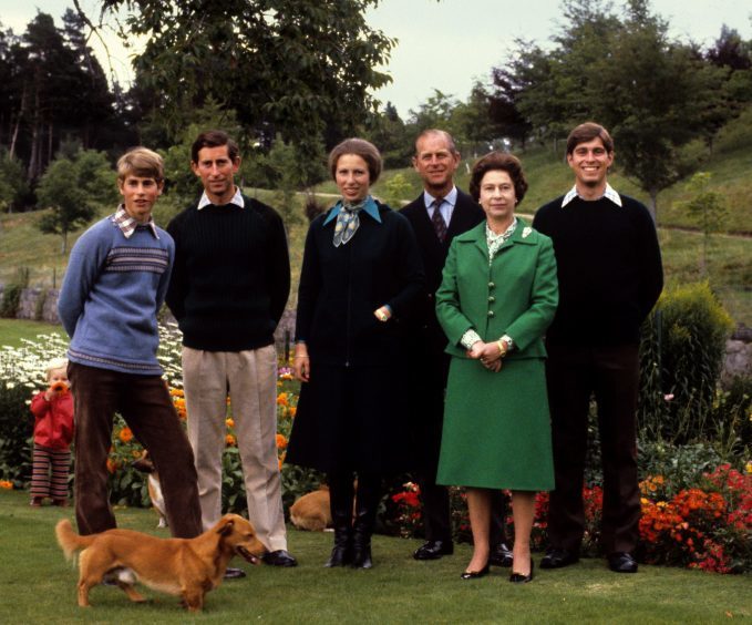(left to right) Prince Edward, the Prince of Wales, the Princess Royal, the Duke of Edinburgh, Queen Elizabeth II and Prince Andrew. September 1979.