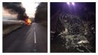 The car ablaze, and right, what was left of the vehicle