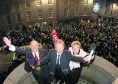 Denis and Di Law on balcony with Lord Provost Barney Crockett.
