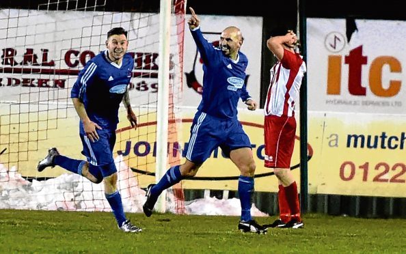 Paul McManus celebrates his goal. Pictures by Jim Irvine