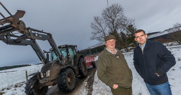 Glenlivet farmer Alastair Nairn, pictured left, fears he may have to use his tractor to help get children to school. Also pictured: Moray MP Douglas Ross.