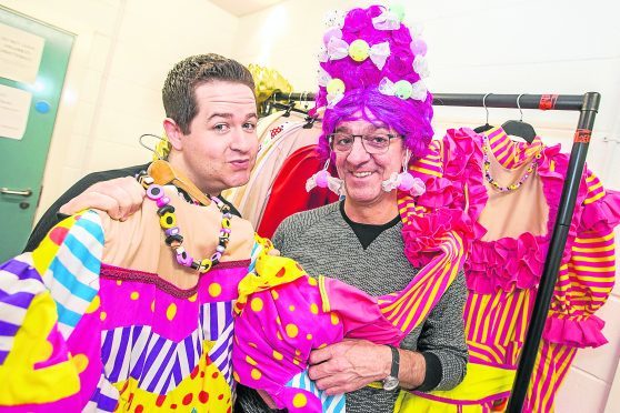 Steven Wren (Dame), with Ross Allan (Jingles the Jester) at Eden Court ahead of their performance in the theatre's Snow White panto.