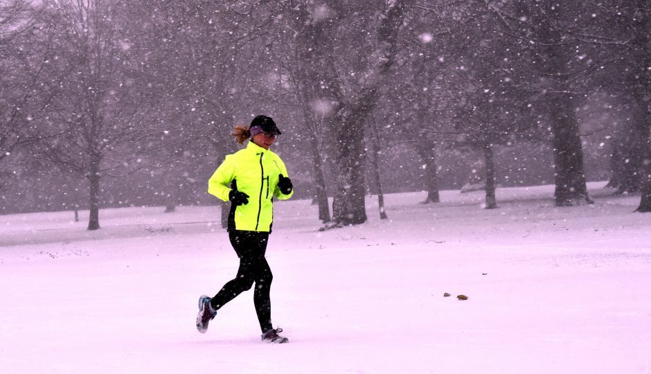 Snow arrives in Aberdeen - Hazelhead Park. Bethan Vasey, taking part in the Rebel, Prams in the Park fitness.
Picture by Colin Rennie.