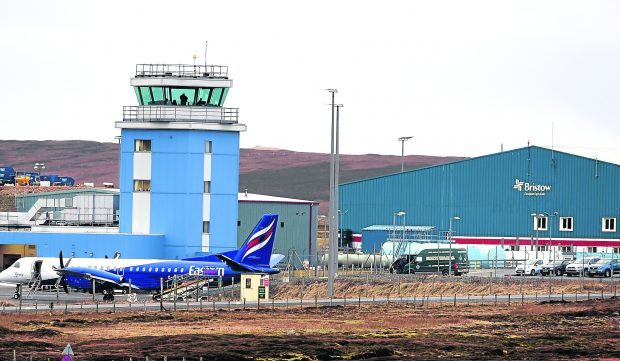 Scatsta airport has a blue watch tower.