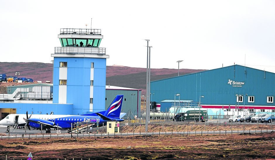 Scatsta airport has a blue watch tower. 