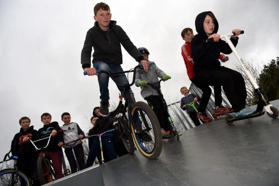 Skateboarding at Cuthil Park, Keith. L-R: Glen Wright, Dylan Ralph, Harley Farquharson, and Connor Dalgarno trying out the new ramps.