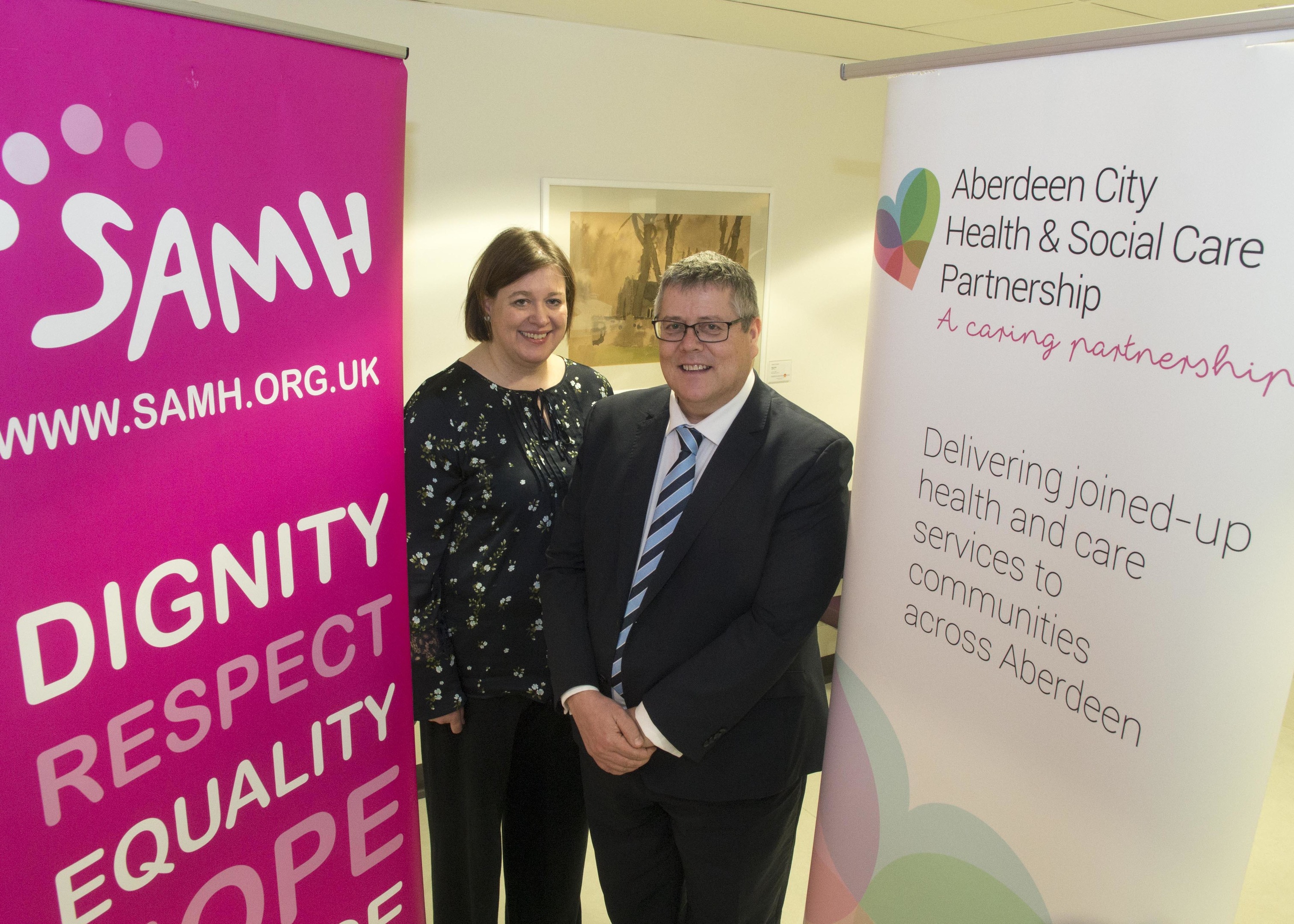 (L-R): Billy Watson, Chief Executive, SAMH, with Aberdeen City Councillor Sarah Duncan, Vice-Chairwoman of the Integrated Joint Board.