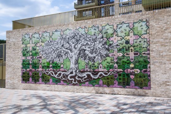 Carrie Reichardt's ceramic mosaic Tree of Life in London's Acton Gardens.
