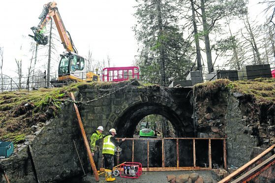 Aberdeenshire Council working to repair the Invercauld Bridge near Braemar, following the devastating floods in 2016.