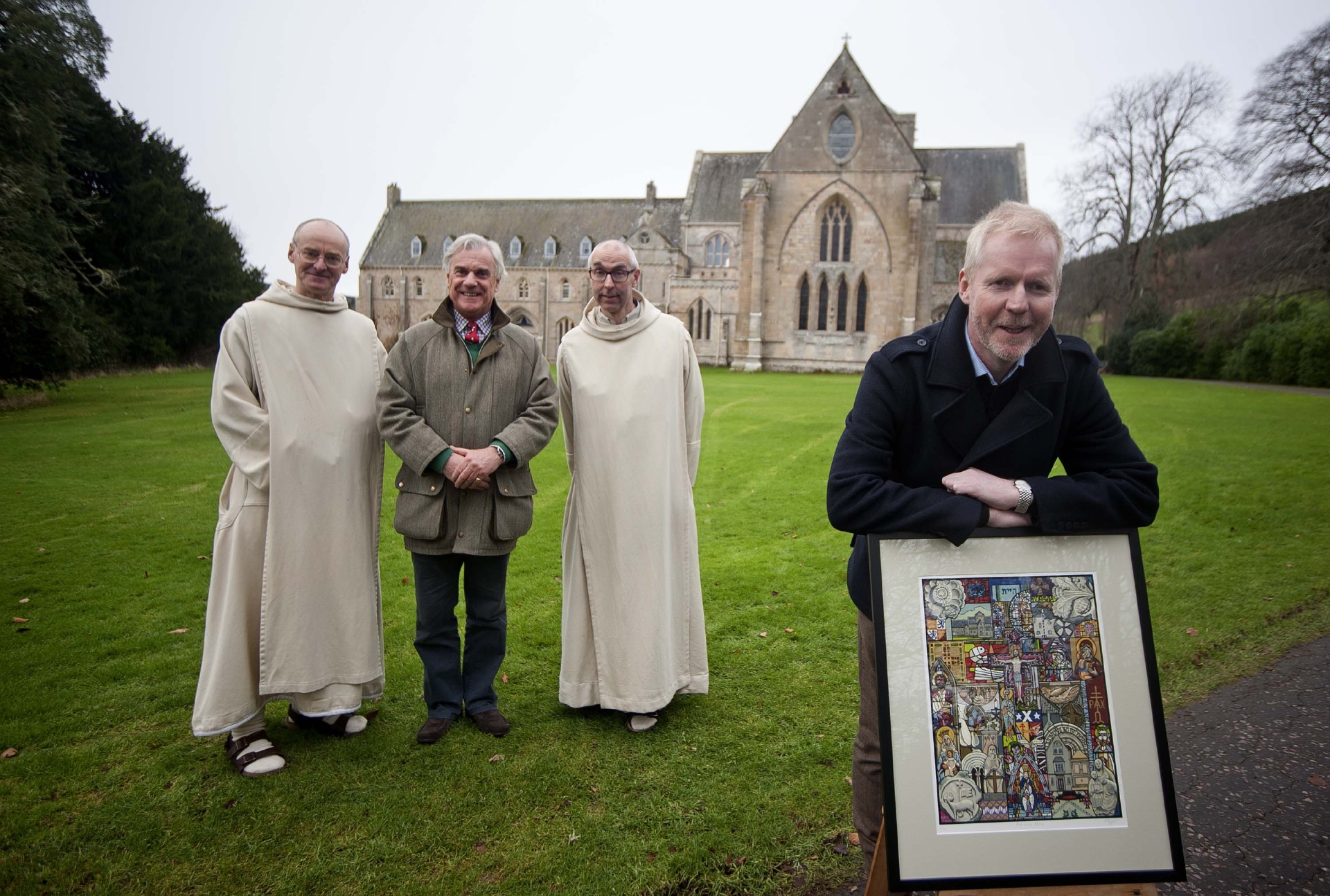 Artist Alan Dawson montage unveils his oil painting celebrating Pluscarden Abbey.
In the photo from the back left Father Benedict Hardy, David Broadfoot  and Brother Michael de Klerk and Artist Alan Dawson.