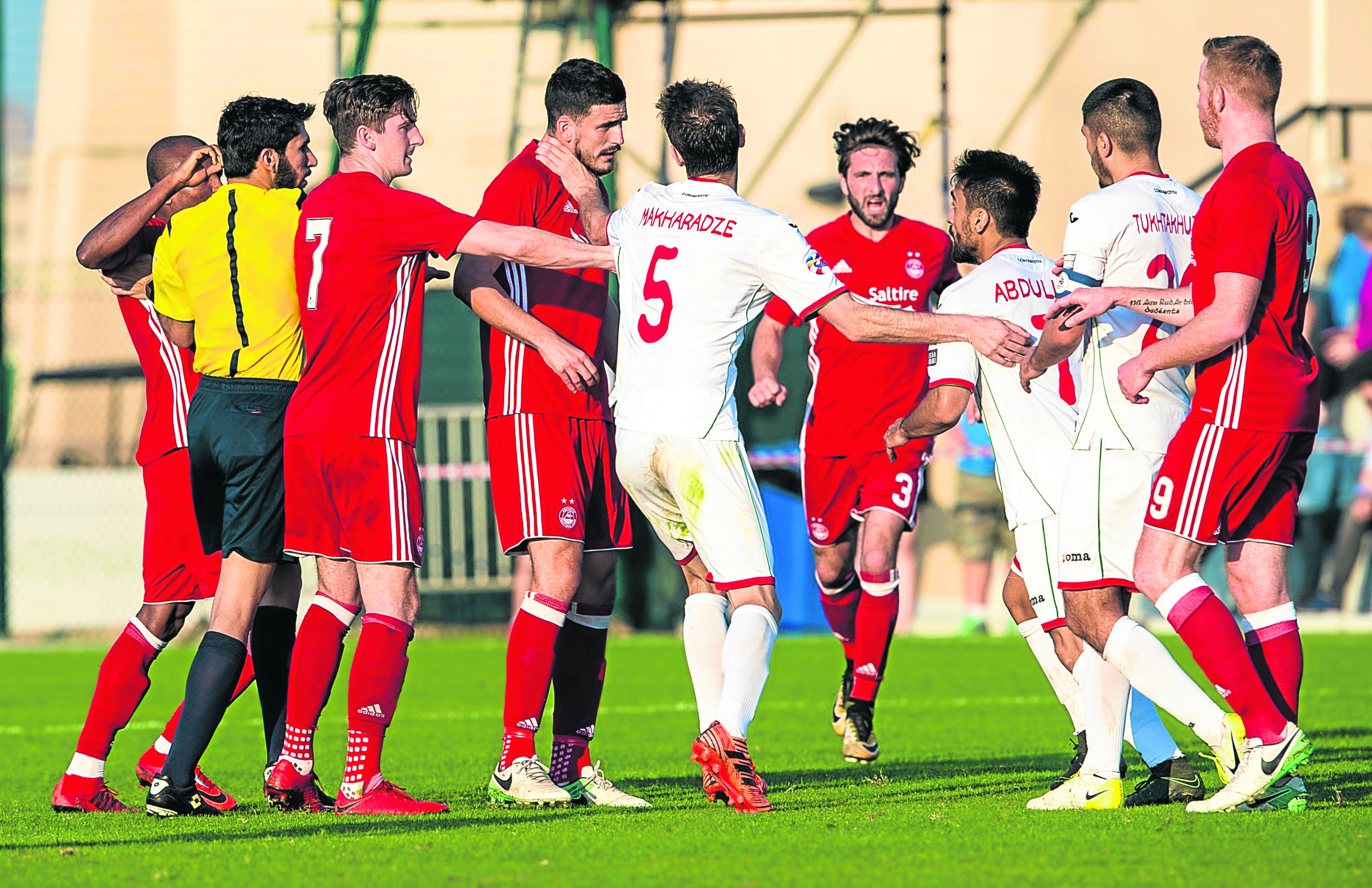 Aberdeen's Anthony O'Connor and Kaki Makharadze have an altercation.