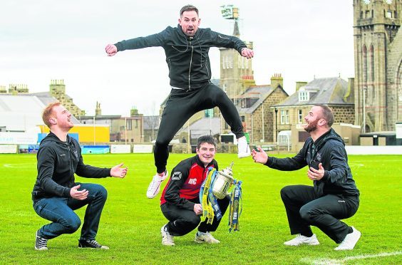 (L-R) Fraserburgh goalkeeper Eddie Flinn, manager Mark Cowie (bottom), captain Ryan Christie, and player Mark Dickson (top)