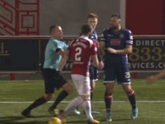 Referee Gavin Duncan tries to separate Ioannis Skondras and Kenny van der Weg