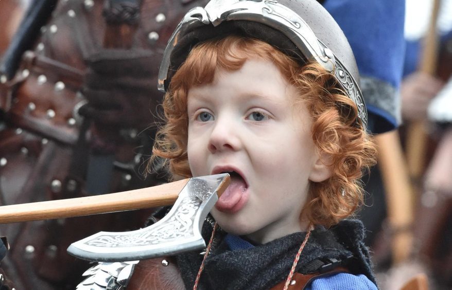 Shetland - Up Helly Aa - 2018 - Tuesday morning - The parade.  One of the younger squad, Odin Geddes, 4.
Picture by COLIN RENNIE  January 30, 2018.