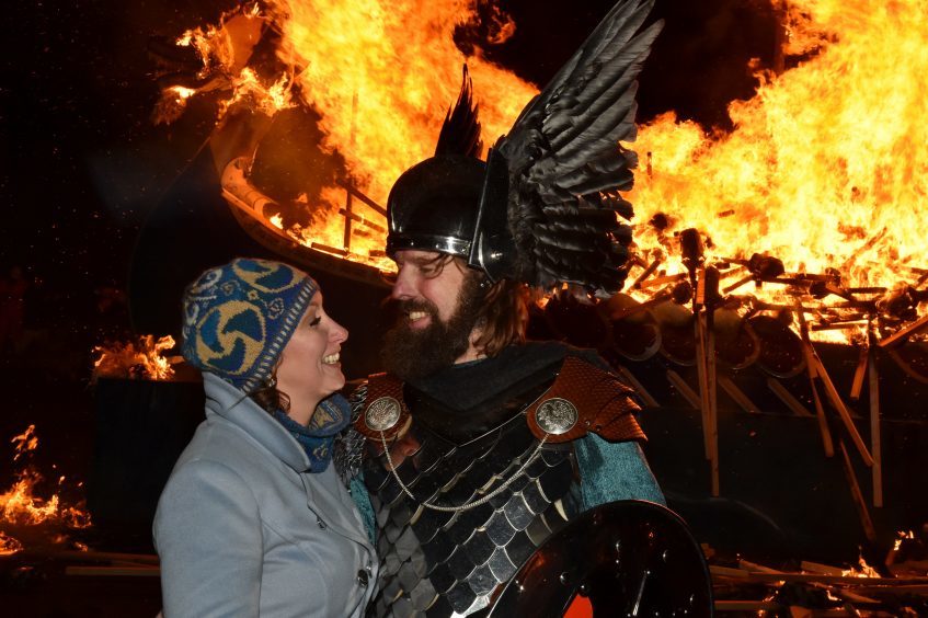 Shetland - Up Helly Aa - 2018 - Tuesday evening - The torch parade followed by the burning of the galley. Guizer Jarl Stewart Jamieson with wife Elaine.
Picture by COLIN RENNIE  January 30, 2018.