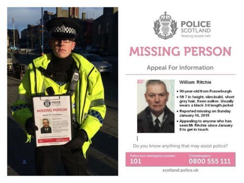 Police are distributing posters in Fraserburgh as searches continue for the pensioner.