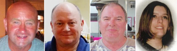(left to right) Duncan Munro, 46, from Bishop Auckland, George Allison, 57, from Winchester, Gary McCrossan, 59, from Inverness and and Sarah Darnley, 45, from Elgin, the bodies of three of the four oil workers who died when a helicopter plunged into the North Sea.