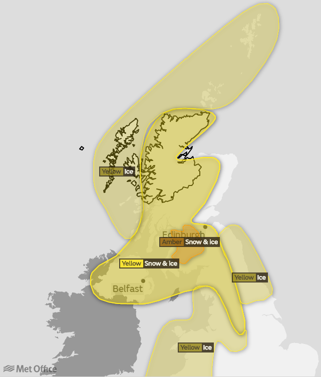 The weather warning for snow and ice in the north is in place until 11.55pm.