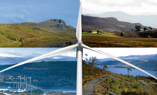 MONTAGE for windfarm story - clockwise from top left: Old Man Of Storr on Skye, Dava Moor, The Great Glen Way and The Black Isle.