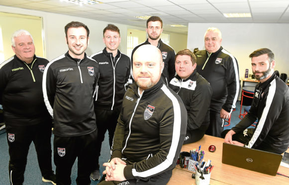 In the foreground Steven Ferguson, Academy Director, while also in the photograph are (L-R) Jim Kelly,Charlie McPhee, Gregor Campbell, Calum MacAskill, Richard Brittain, Davie Kirkwood and Stuart Kettlewell who all work within the academy.
Picture by Sandy McCook.