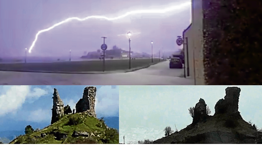 The castle was struck by lightning.