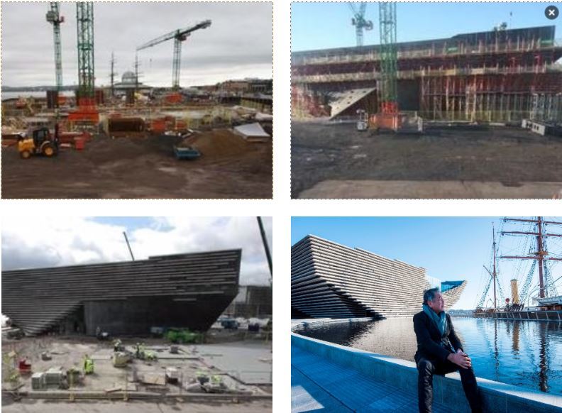 Various stages of the V&A Dundee construction, with architect Kengo Kuma outside the completed design