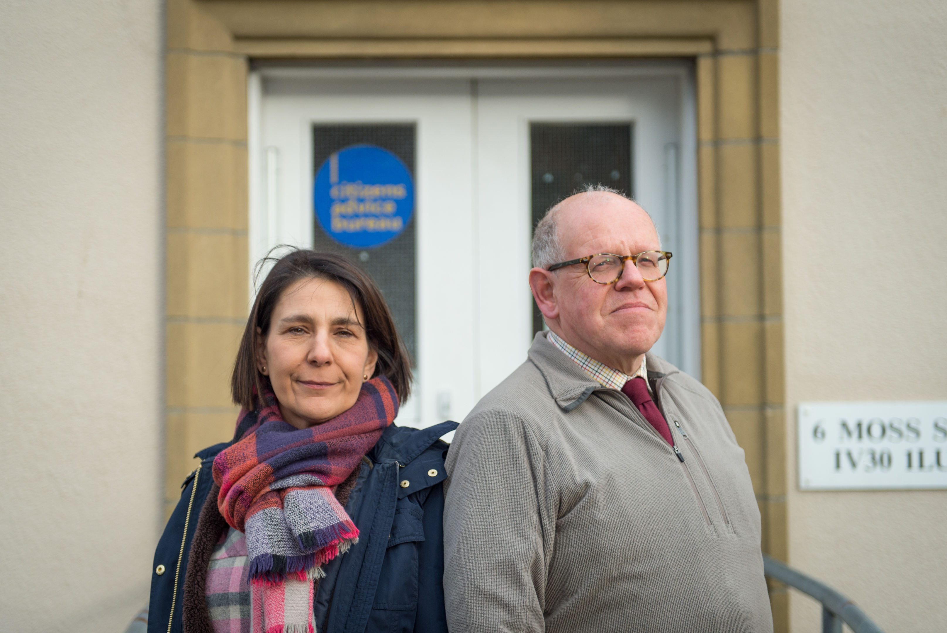 Moray Citzens Advice Bureau manager, Mary Riley, and volunteer James Workman outside the group's offices on Moss Street.