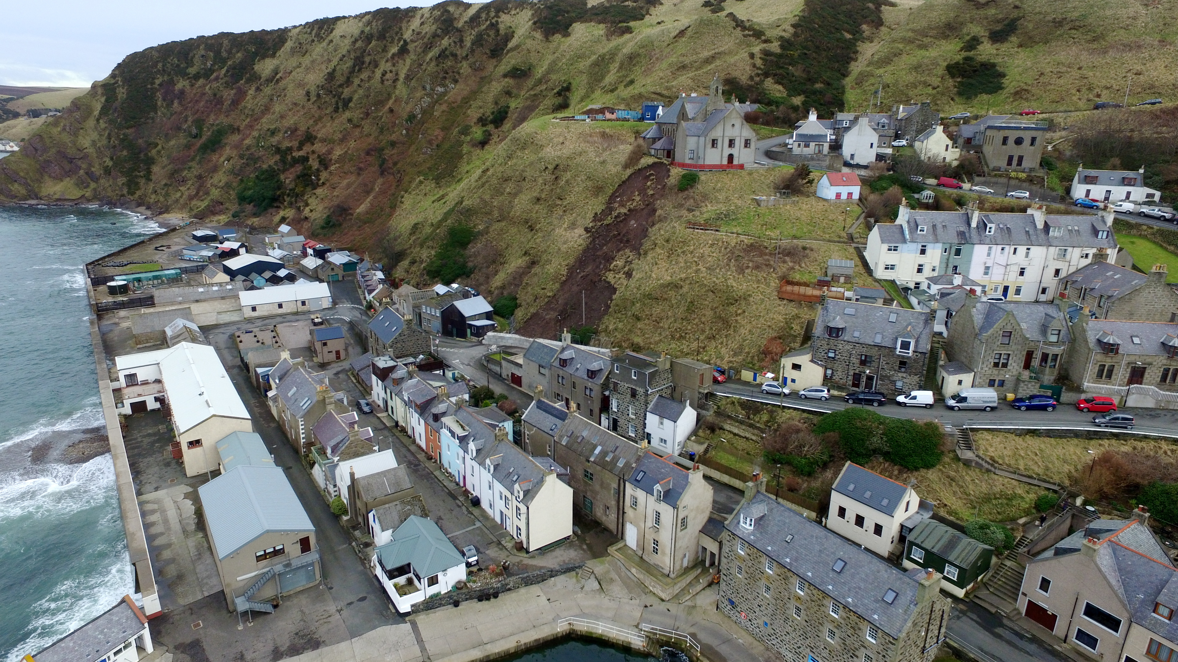 Gardenstown New Church and Harbour Road in Gardenstown have frequently closed following landslips.
Picture by Kenny Elrick