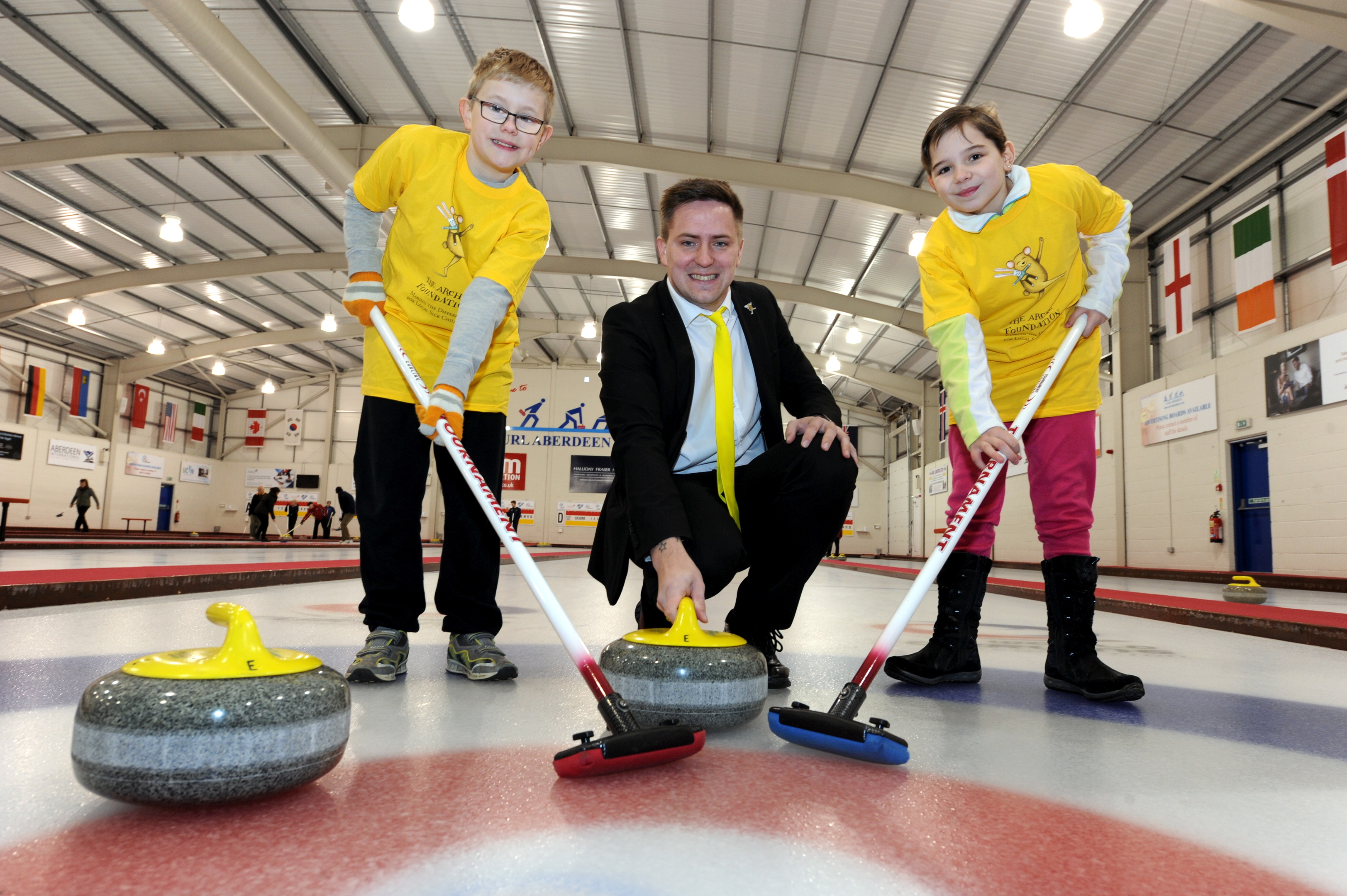 Archie Foundation are the charity partner for the World Junior Curling Championships that is being held at Curl Aberdeen.
Picture of patients Kyran Prentce, 10, and Lauran Bramman, 10 with Jamie Smith (Archie Fundraising Manager)


Picture by KENNY ELRICK     14/02/2018