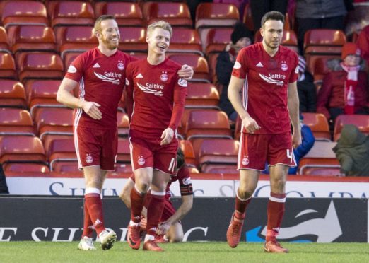 Aberdeen's Gary Mackay-Steven celebrates his goal  with Adam Rooney.