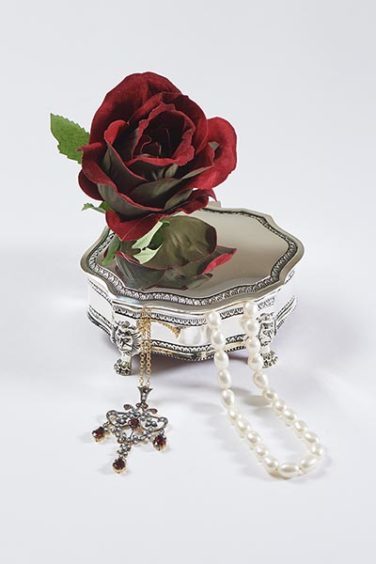 William Morrison Jewellers – Cultured Pearls £65, Silver Plated Trinket Box £15.95, Silver guilt garnet and seed pearl pendant £325