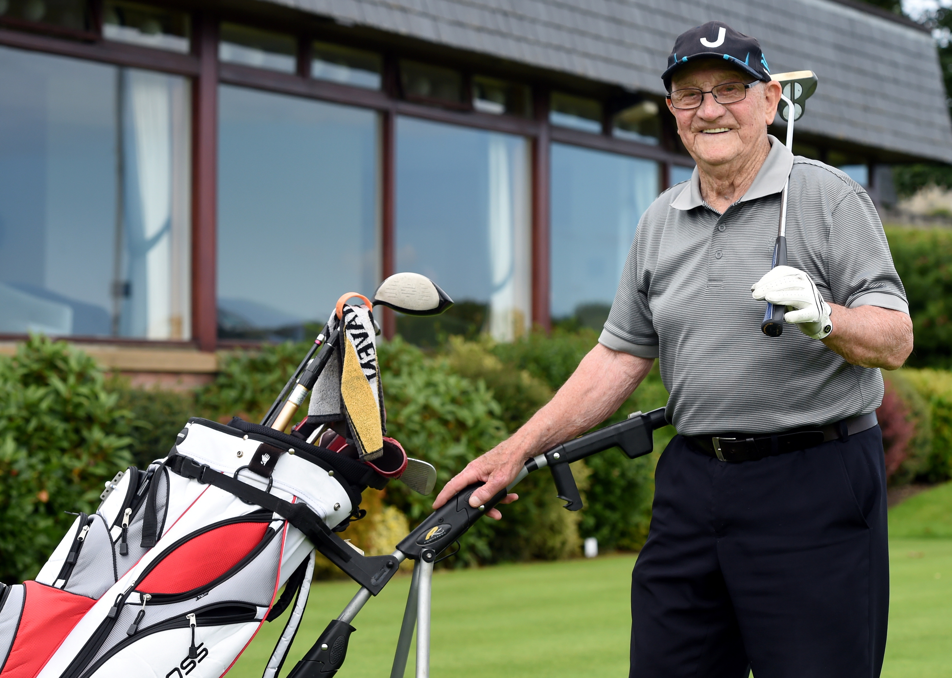 Oldest Club member, Joe Moorhouse, 94, after scoring a 94 at Duff House Golf club, Banff.