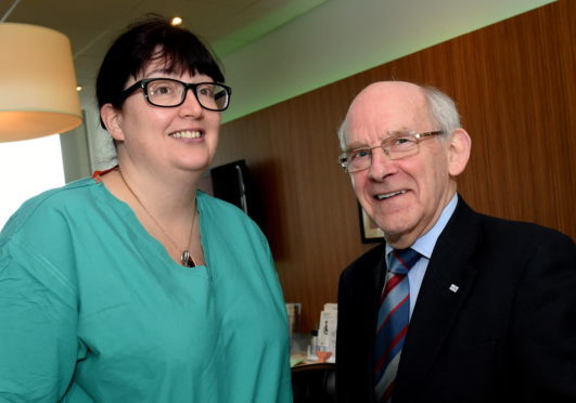 Prostate cancer survivor, George Stevenson visits consultant, Justine Royale at the UCAN charity centre ARI, Aberdeen