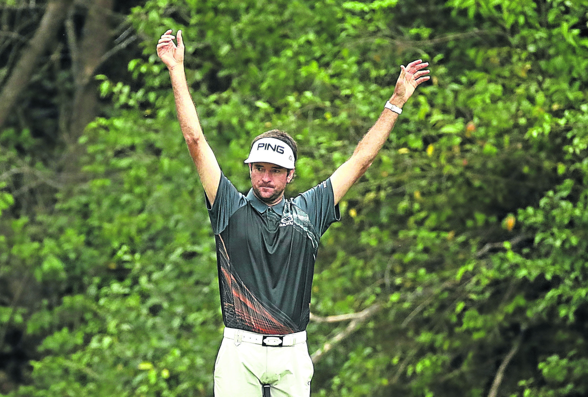 Bubba Watson of the United States reacts on the third green during his final round match against Kevin Kisner of the United States in the World Golf Championships-Dell Match Play at Austin Country Club on March 25, 2018 in Austin, Texas.