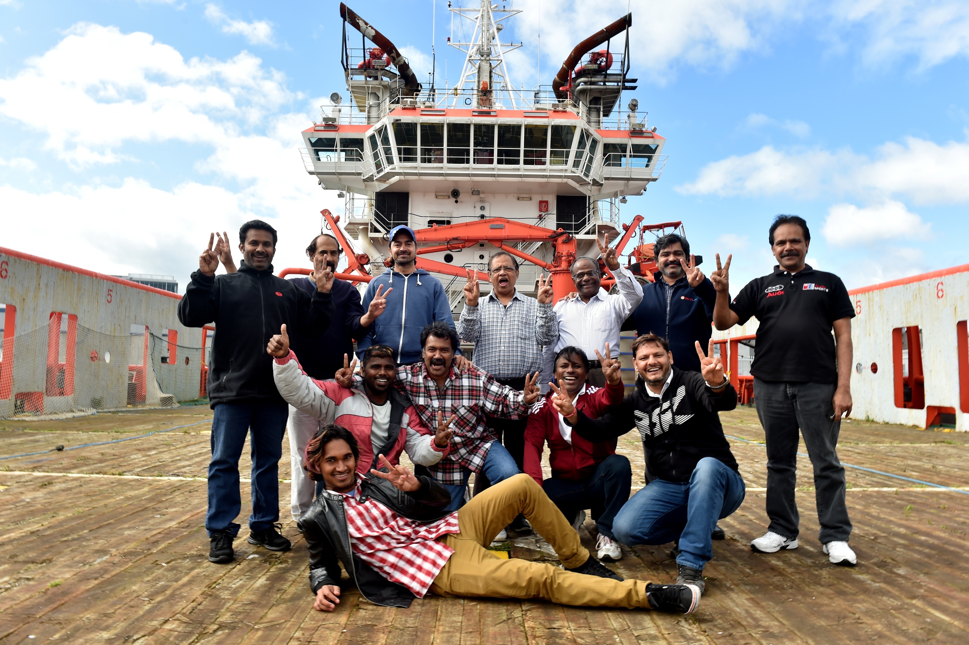 The crew of the Malaviya Seven in September last year after the news the ship could be sold
